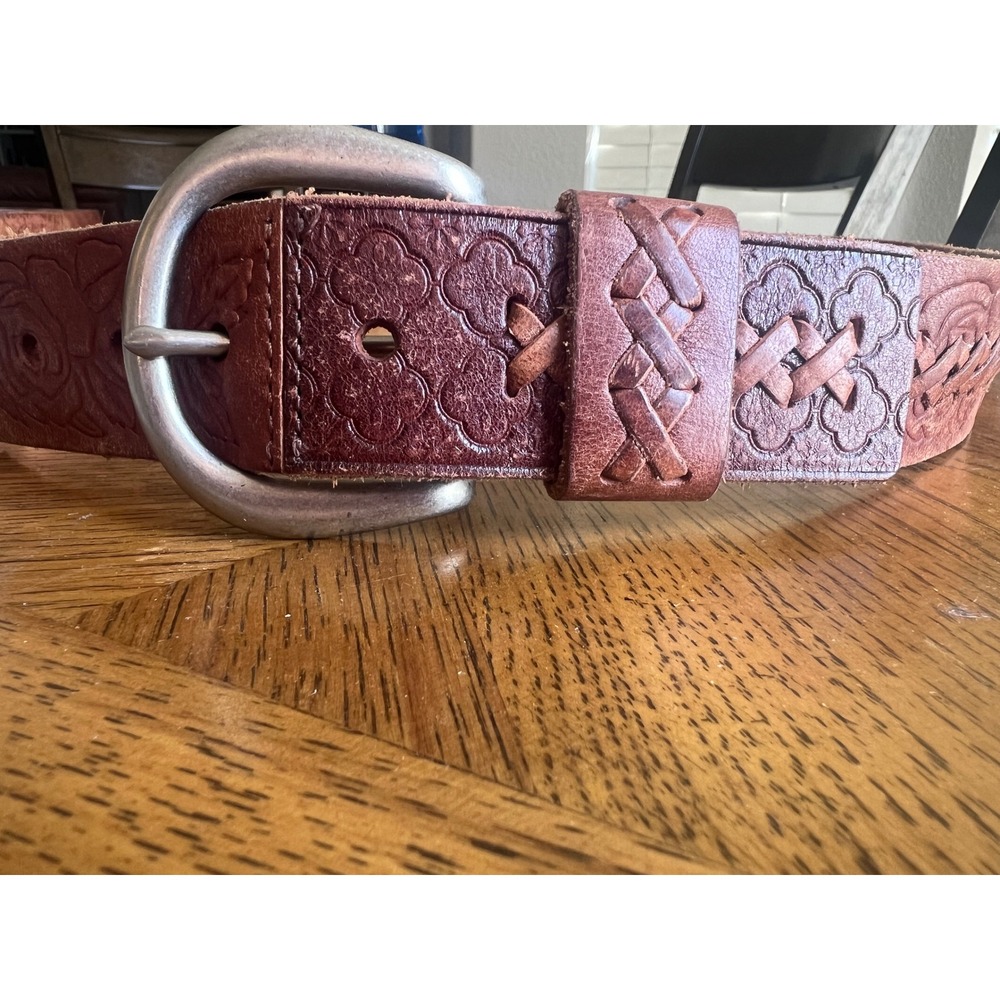 Vintage 1970s Embossed Woven Leather Belt Solid Brass Buckle Brown Boho Western